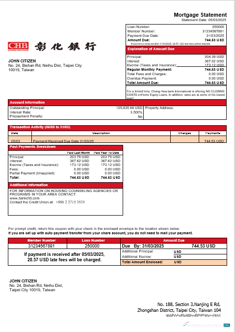Download Taiwan Chang Hwa Bank mortgage statement in Word and PDF formats Photoshop template